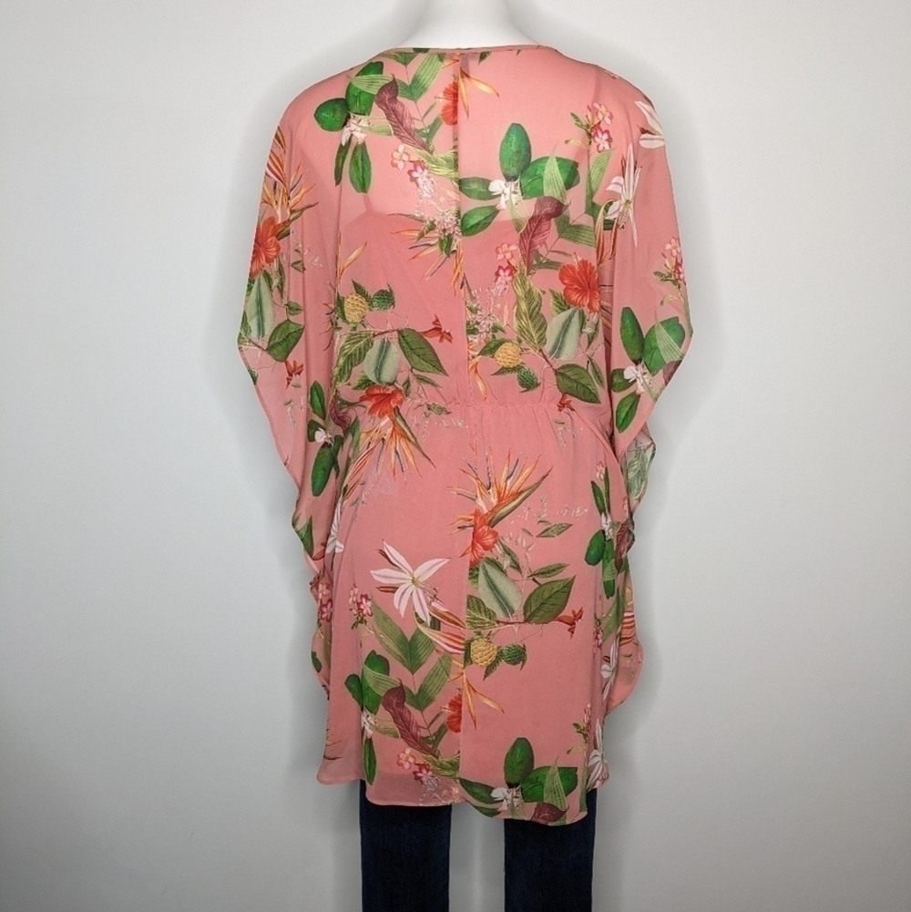 ✨3/$15 Express pink floral tie neck mini dress long blouse M - Picture 5 of 9